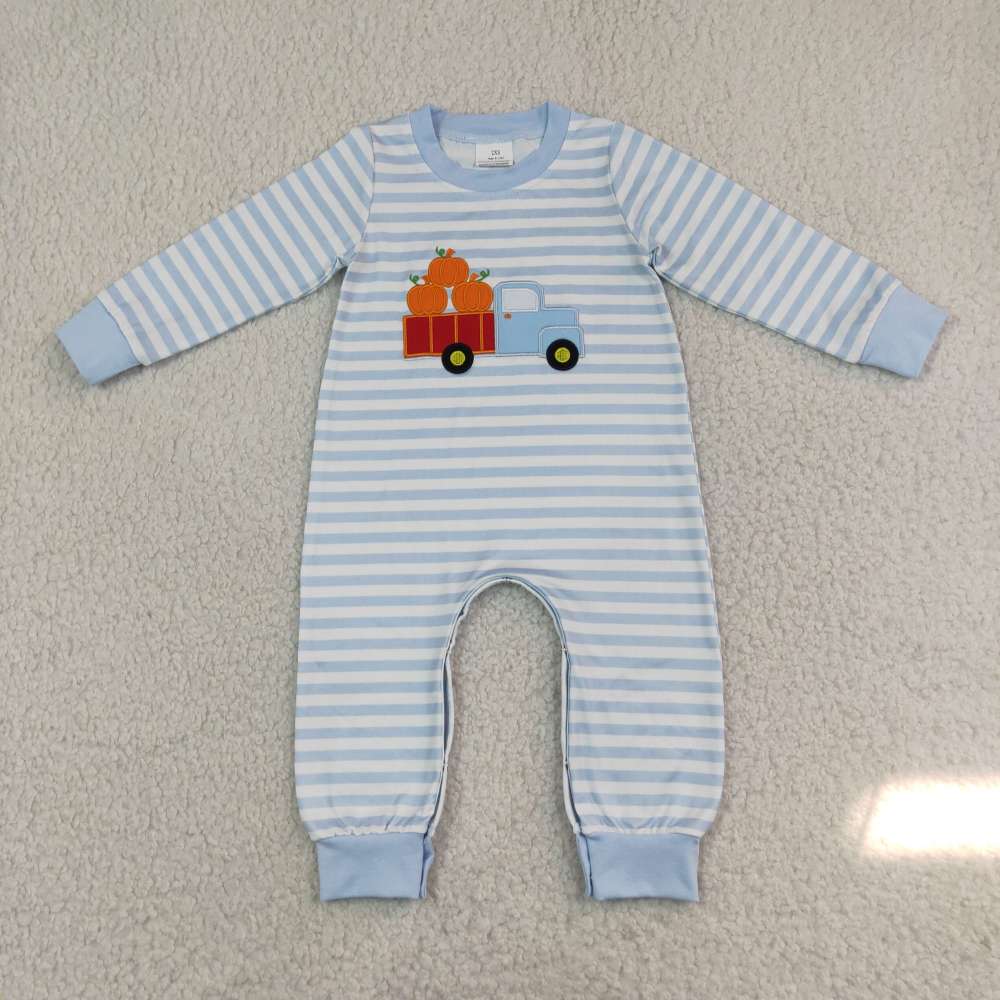 LR1023 Blue stripe pumpkin tractor  embroidery Long-Sleeved romper