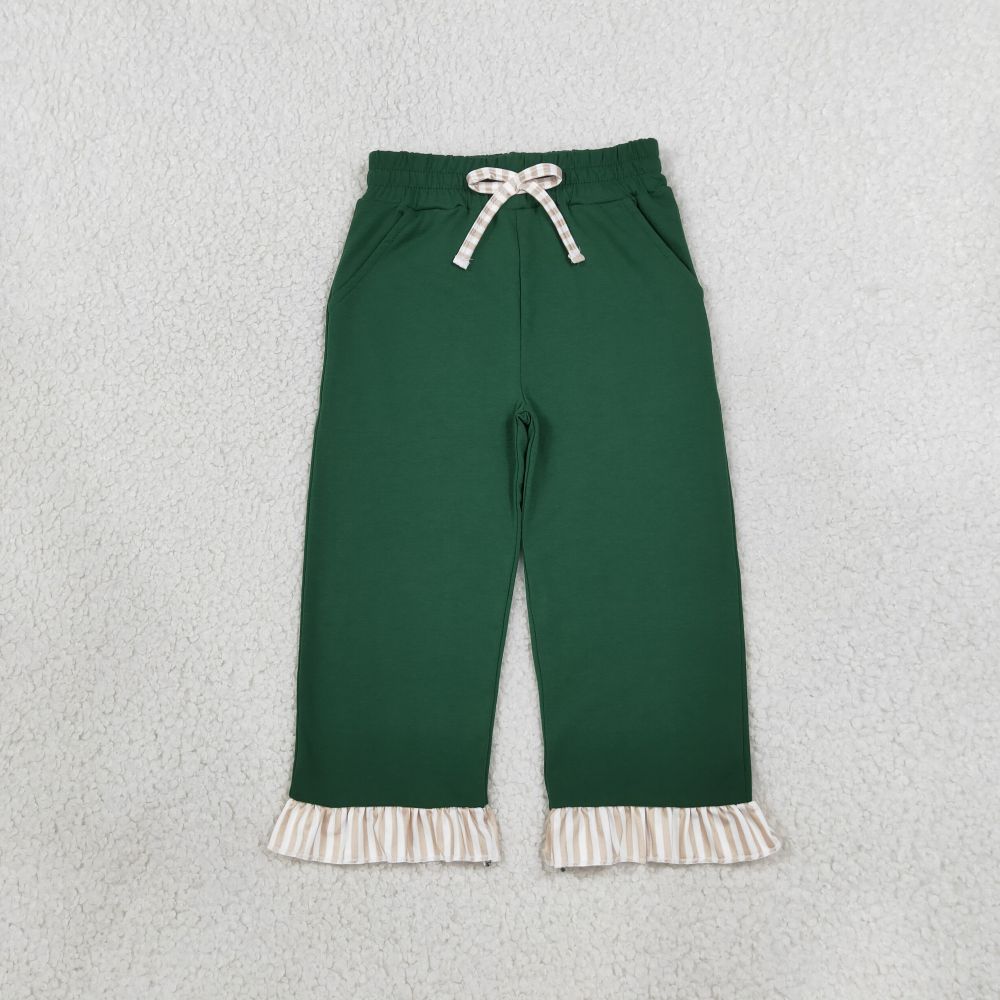 P1154  girl green solid stripe trim long pants