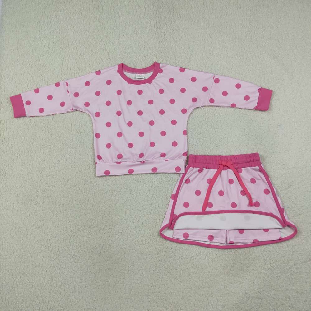 GLD1765  Pink polka Print long sleeve girl pink skirt outfits