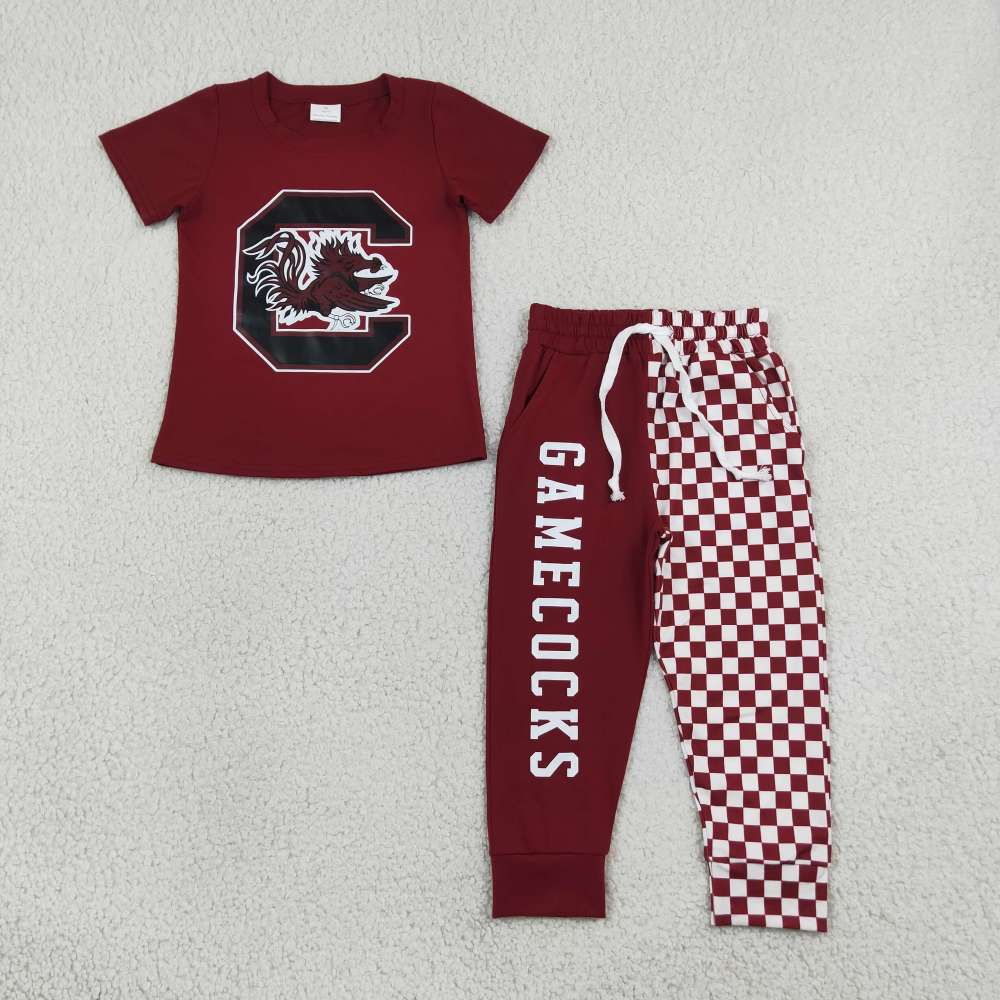 BSPO0701 RTS wine Red plaid alabama long sleeve boy team vinyl outfits
