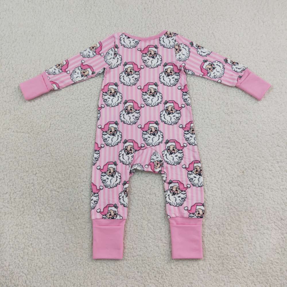 LR3125 Pink stripe Christmas santa print Long-Sleeved zipper romper