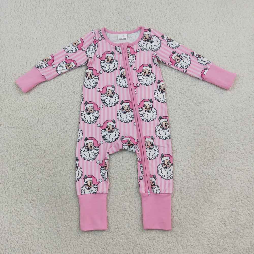 LR3125 Pink stripe Christmas santa print Long-Sleeved zipper romper