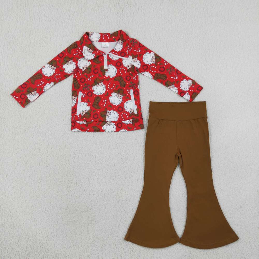 GLP3509 Red Christmas santa boots Print long sleeve girl zipper outfits