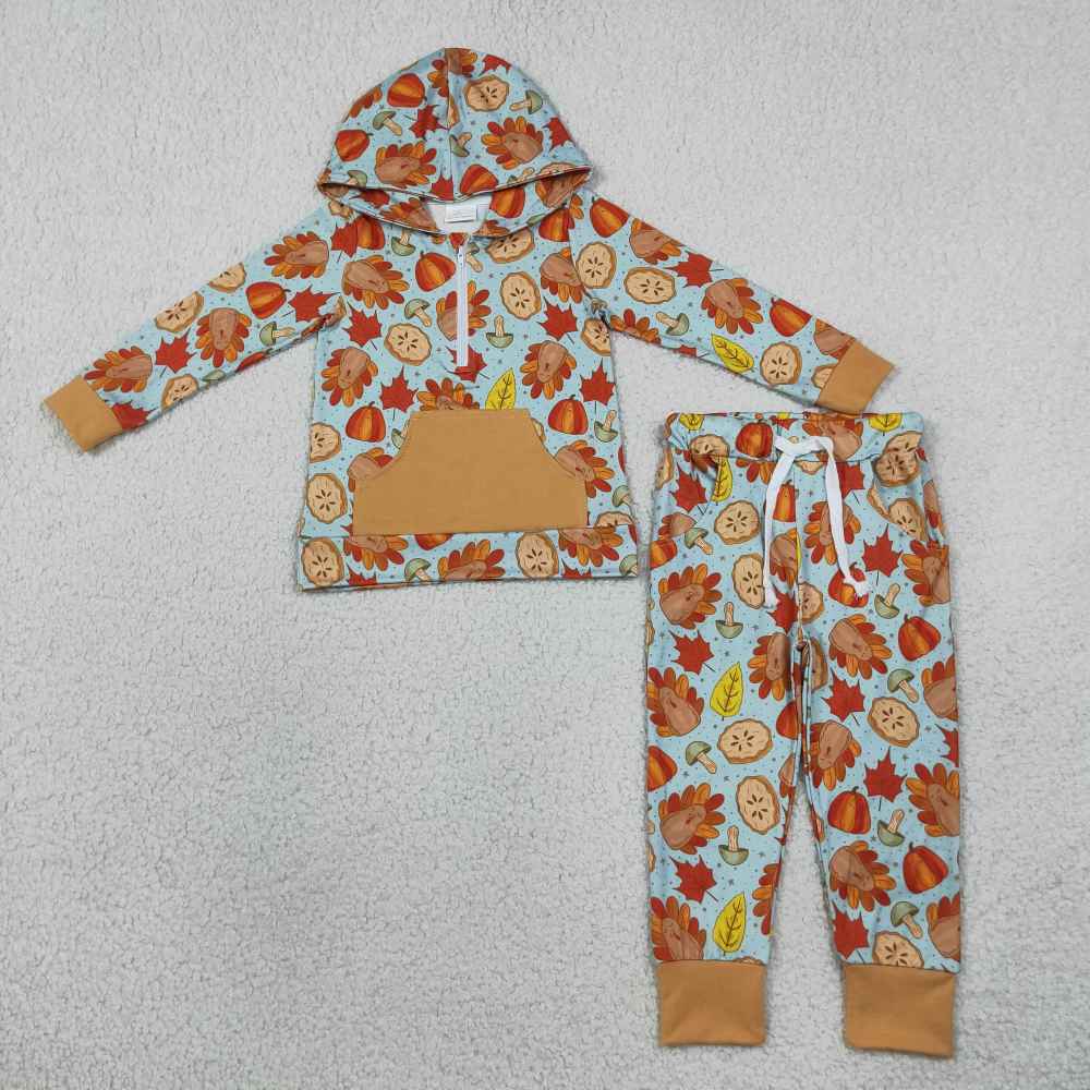 BLP1505  Turkey pumpkin leaves Print long sleeve boy  hoodie thanksgiving day outfits