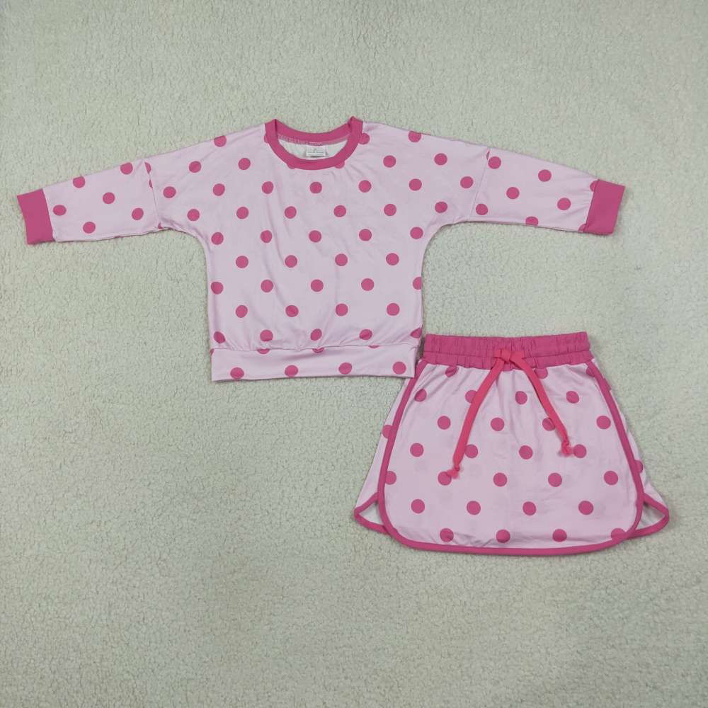 GLD1765  Pink polka Print long sleeve girl pink skirt outfits