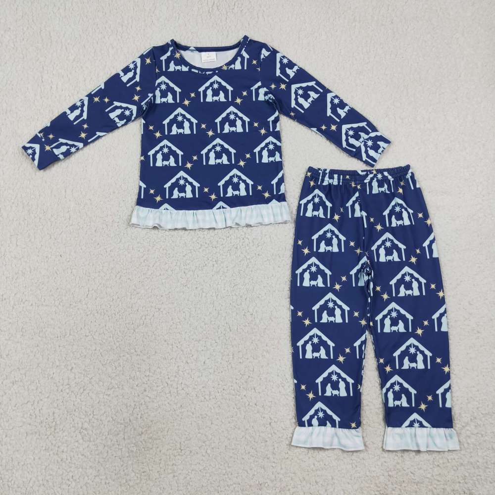 GLP3659 Navy Christmas jesus Print long sleeve girl pajamas  outfits