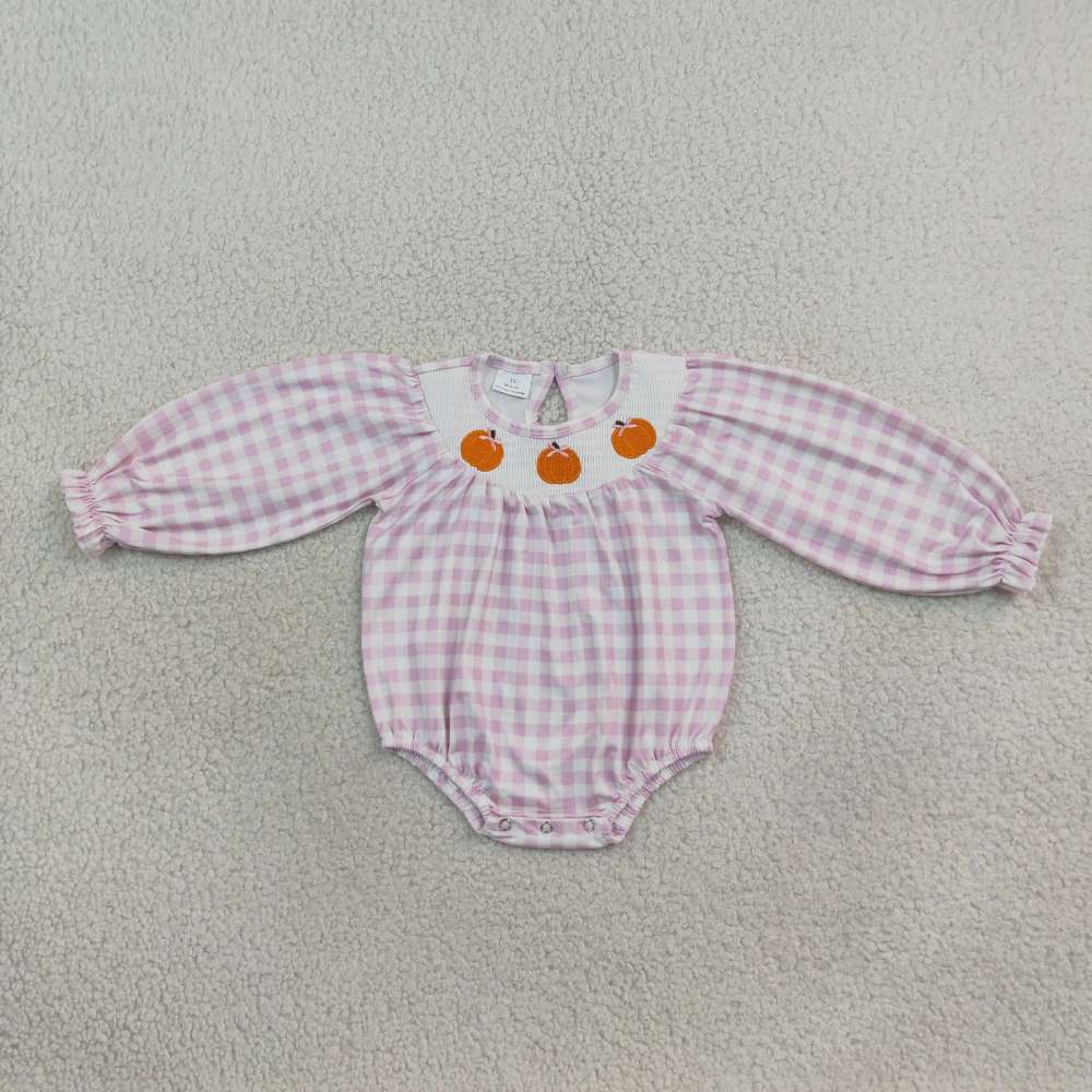 LR3106 RTS Girl Purple plaid Pumpkin smock long sleeve baby bubble