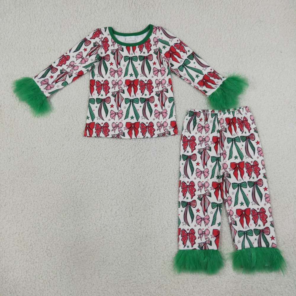 GLP3611 Christmas red green bows  fur long Sleeve pajamas Set
