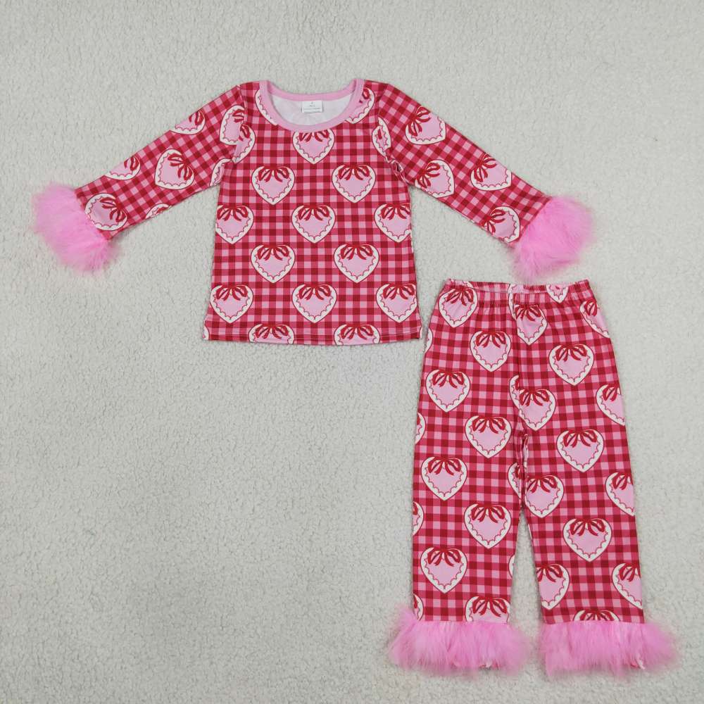GLP3669  Pink Valentine's heartbows plaid  fur long Sleeve pajamas Set