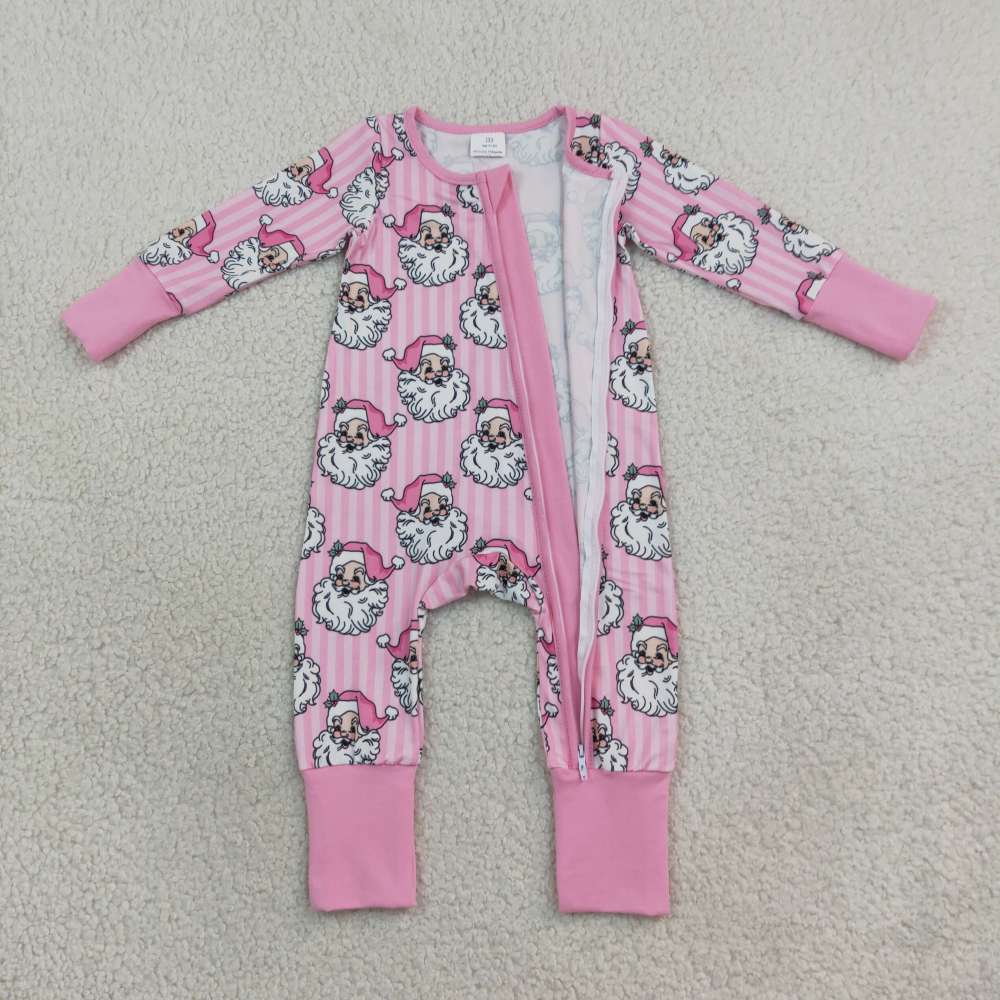 LR3125 Pink stripe Christmas santa print Long-Sleeved zipper romper