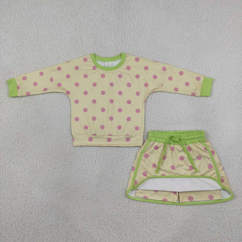 GLD1766 Pink polka Print long sleeve girl yellow skirt outfits