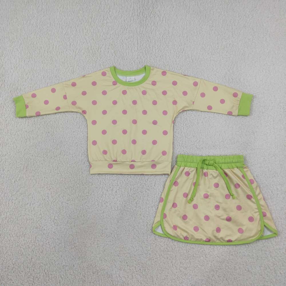 GLD1766 Pink polka Print long sleeve girl yellow skirt outfits