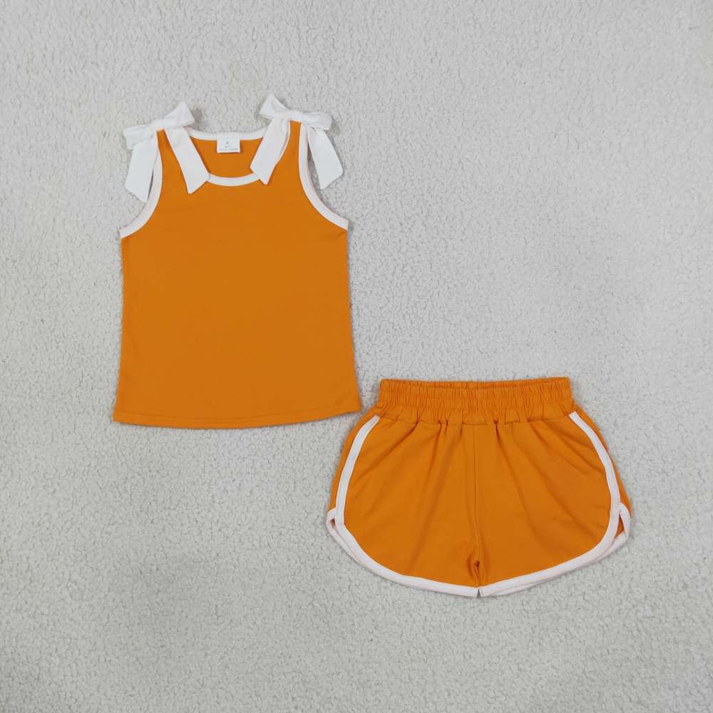 GSSO3851 Baby Girls Orange solid Sleeveless Top Short school Team Clothes Sets