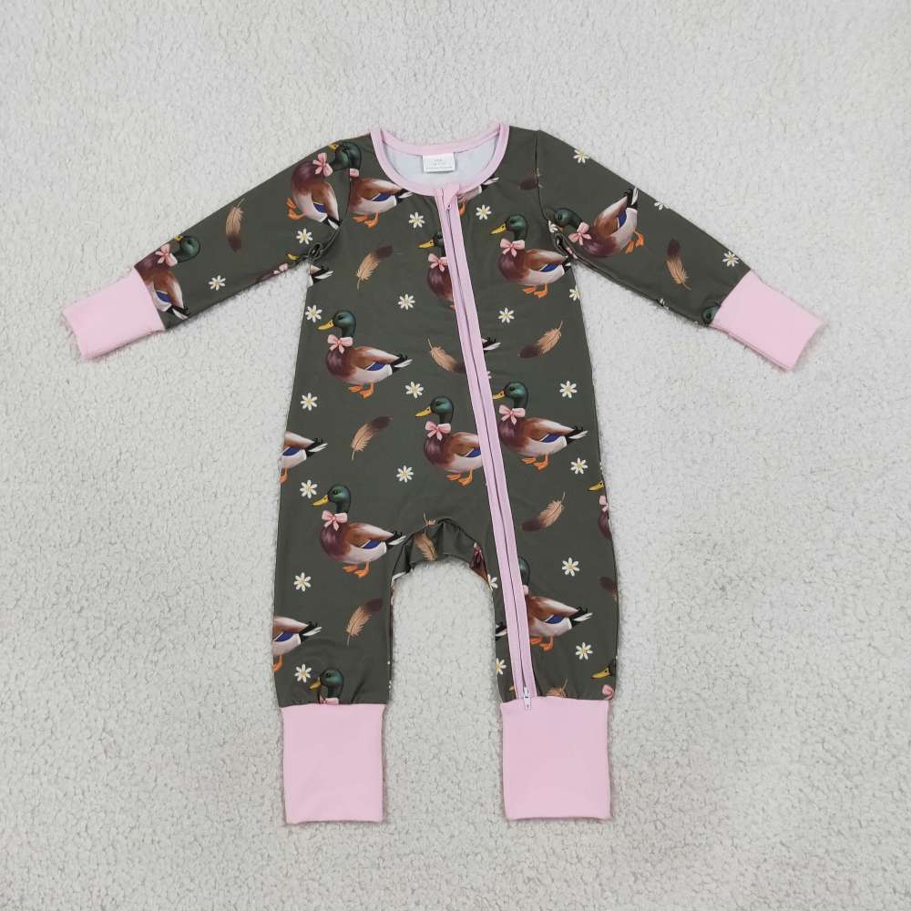 LR3225 Green duck print Long-Sleeved zipper romper