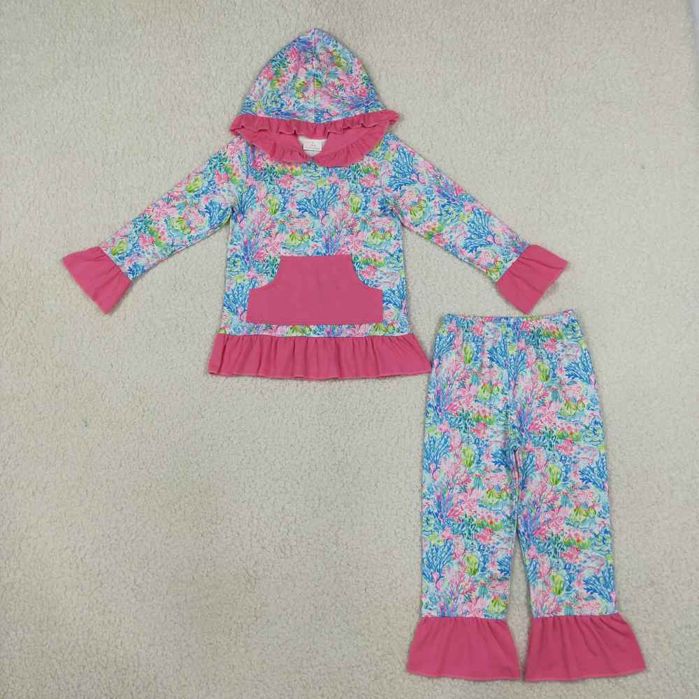 GLP3518 Pink Sea flowers Print long sleeve girl hoodie outfits
