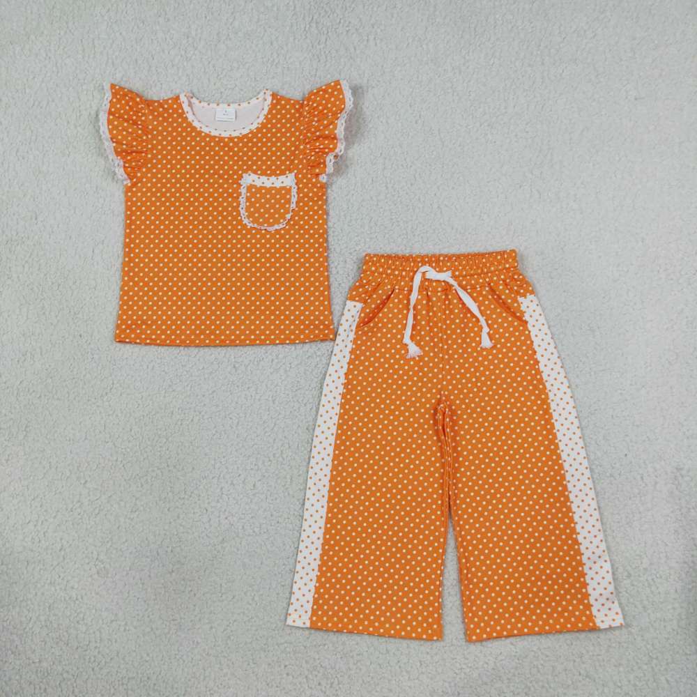 GSPO2367 white polka orange  Print short sleeve girl outfits