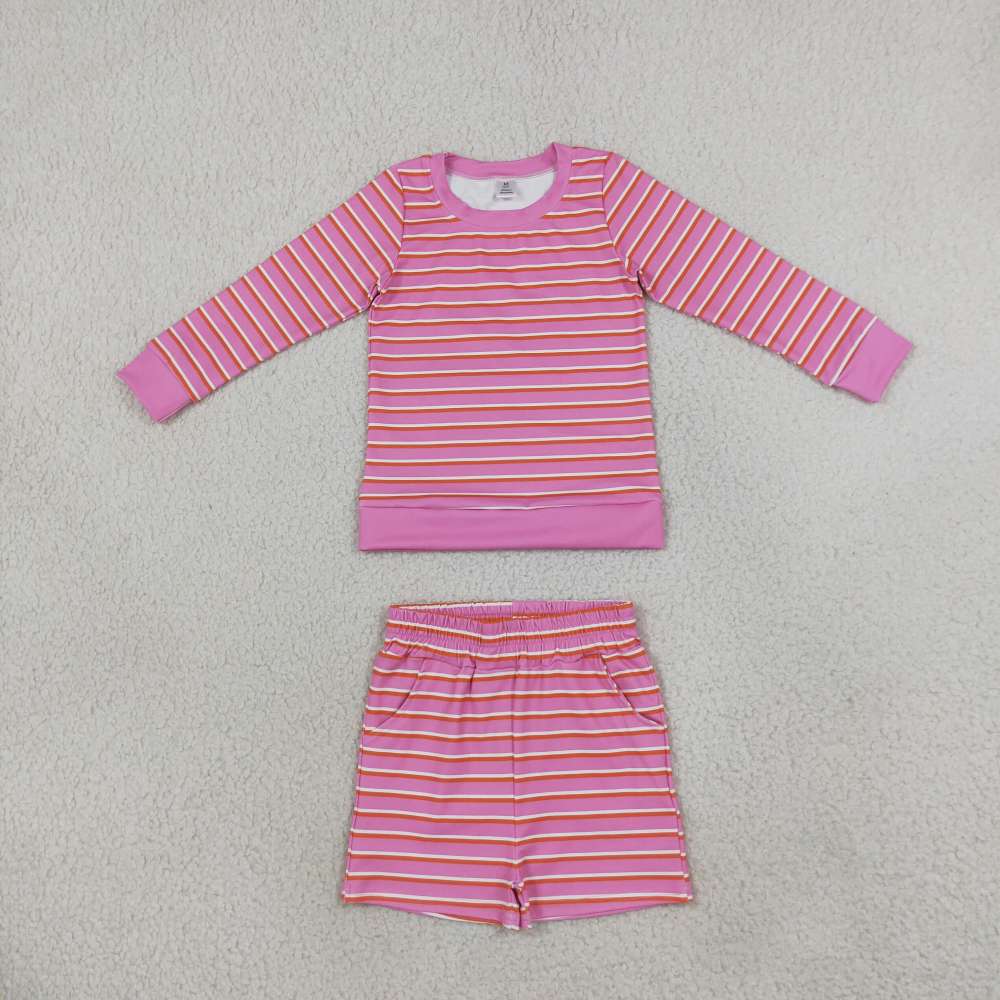 GLS0126 Pink stripe  Print long sleeve girl shorts outfits