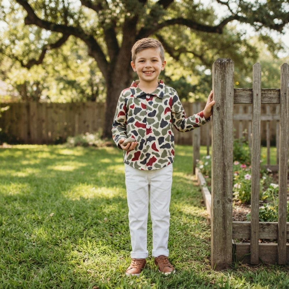 BT1875  RTS red green camo Print long sleeve boy t-shirt