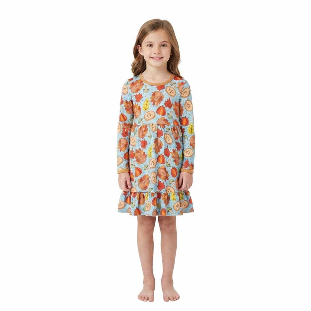 GLD1692 Thanksgiving turkey leaves print girl long sleeve dress