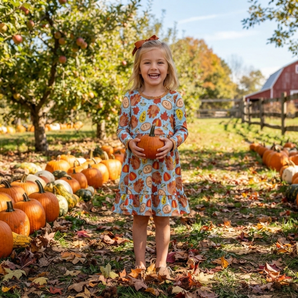 GLD1692 Thanksgiving turkey leaves print girl long sleeve dress