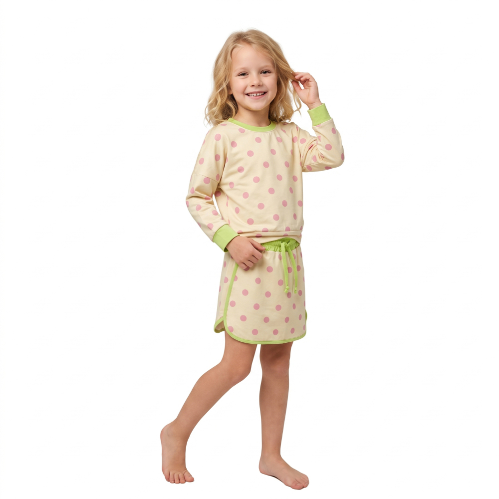 GLD1766 Pink polka Print long sleeve girl yellow skirt outfits