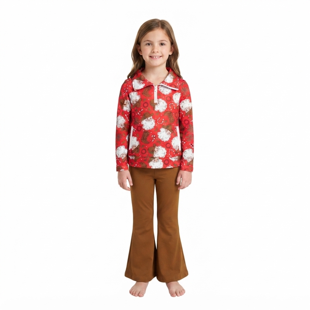 GLP3509 Red Christmas santa boots Print long sleeve girl zipper outfits