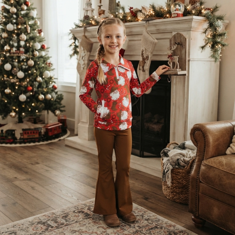 GLP3509 Red Christmas santa boots Print long sleeve girl zipper outfits