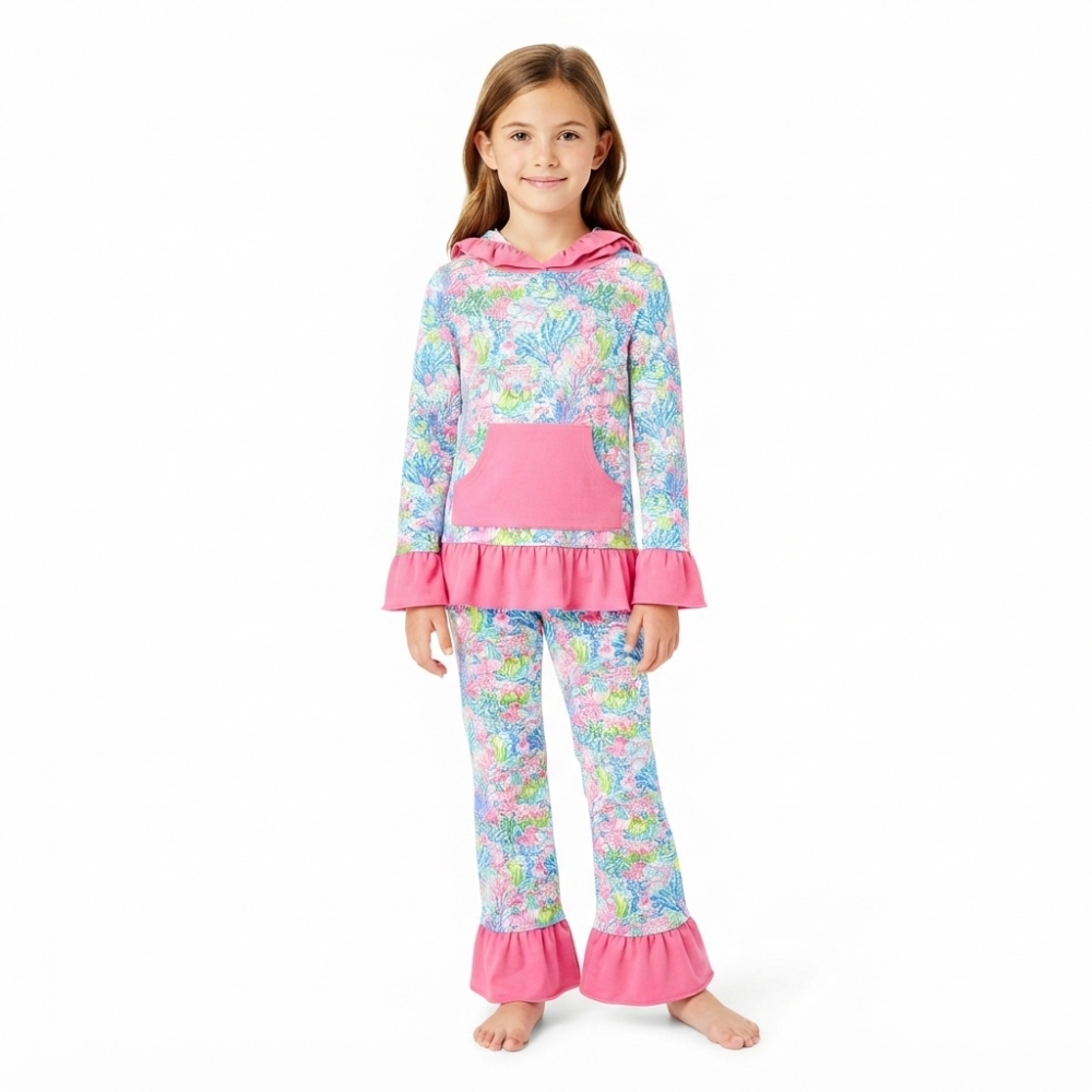 GLP3518 Pink Sea flowers Print long sleeve girl hoodie outfits