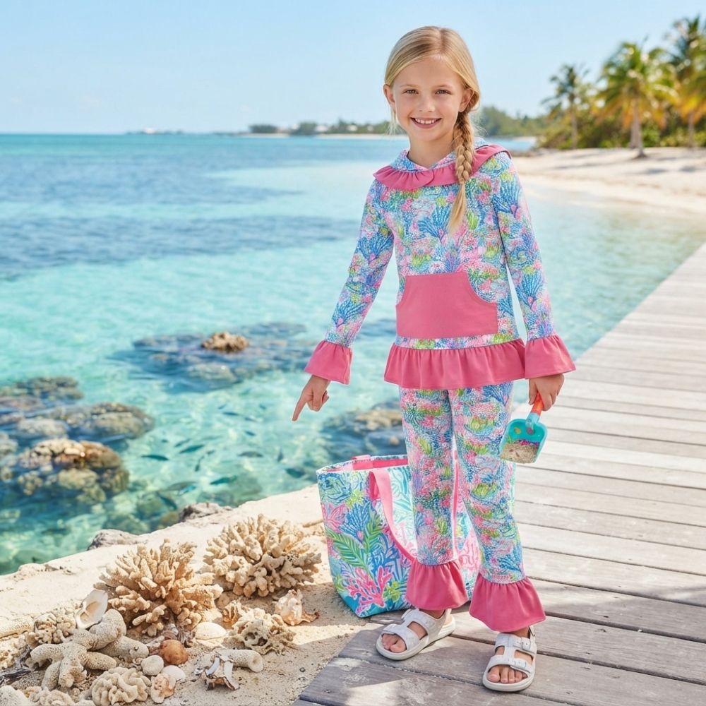 GLP3518 Pink Sea flowers Print long sleeve girl hoodie outfits