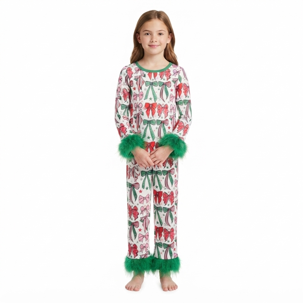 GLP3611 Christmas red green bows  fur long Sleeve pajamas Set