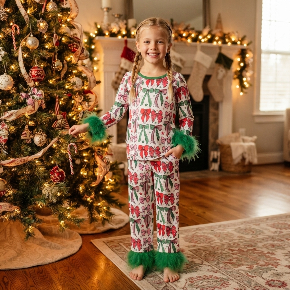 GLP3611 Christmas red green bows  fur long Sleeve pajamas Set