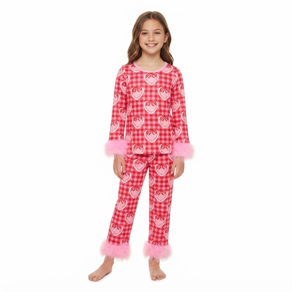 GLP3669  Pink Valentine's heartbows plaid  fur long Sleeve pajamas Set