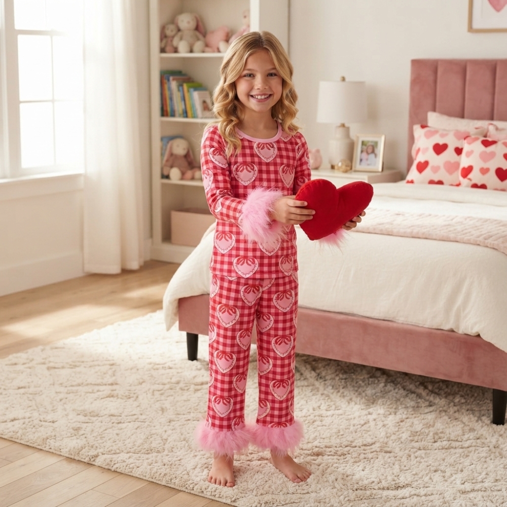 GLP3669  Pink Valentine's heartbows plaid  fur long Sleeve pajamas Set