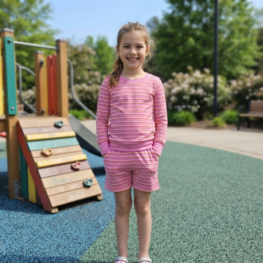 GLS0126 Pink stripe  Print long sleeve girl shorts outfits