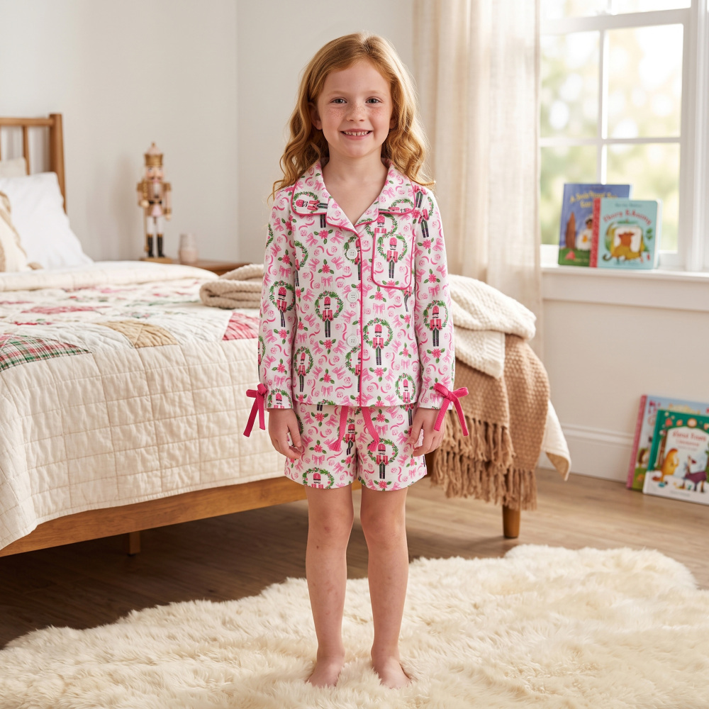 GLS0173  Christmas Pink Cartoon print  long Sleeve pajamas Set