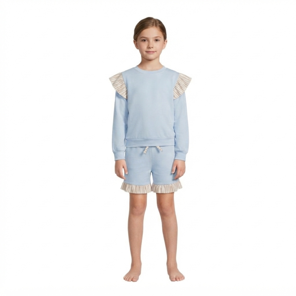GLS0216  Sky blue Solid stripe trim girl Long sleeve top with shorts