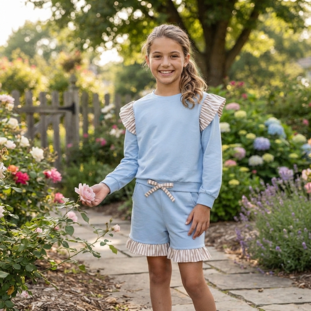 GLS0216  Sky blue Solid stripe trim girl Long sleeve top with shorts