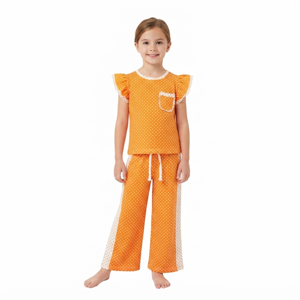 GSPO2367 white polka orange  Print short sleeve girl outfits
