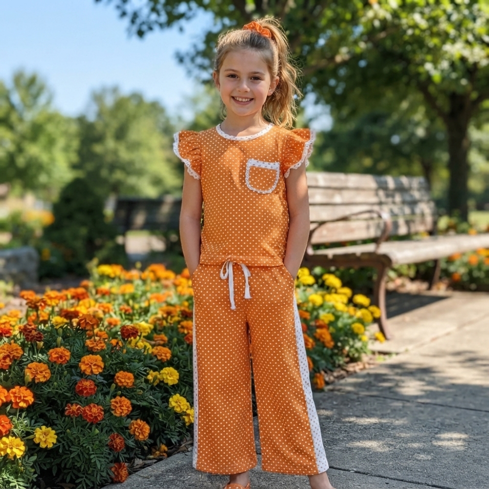 GSPO2367 white polka orange  Print short sleeve girl outfits