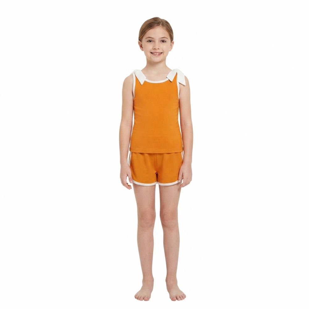 GSSO3851 Baby Girls Orange solid Sleeveless Top Short school Team Clothes Sets
