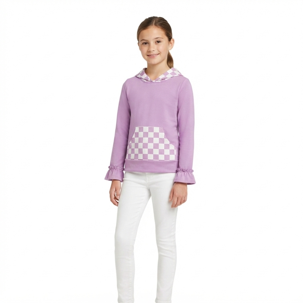 GT1852 Purple plaid print girl long sleeve hoodie pullover