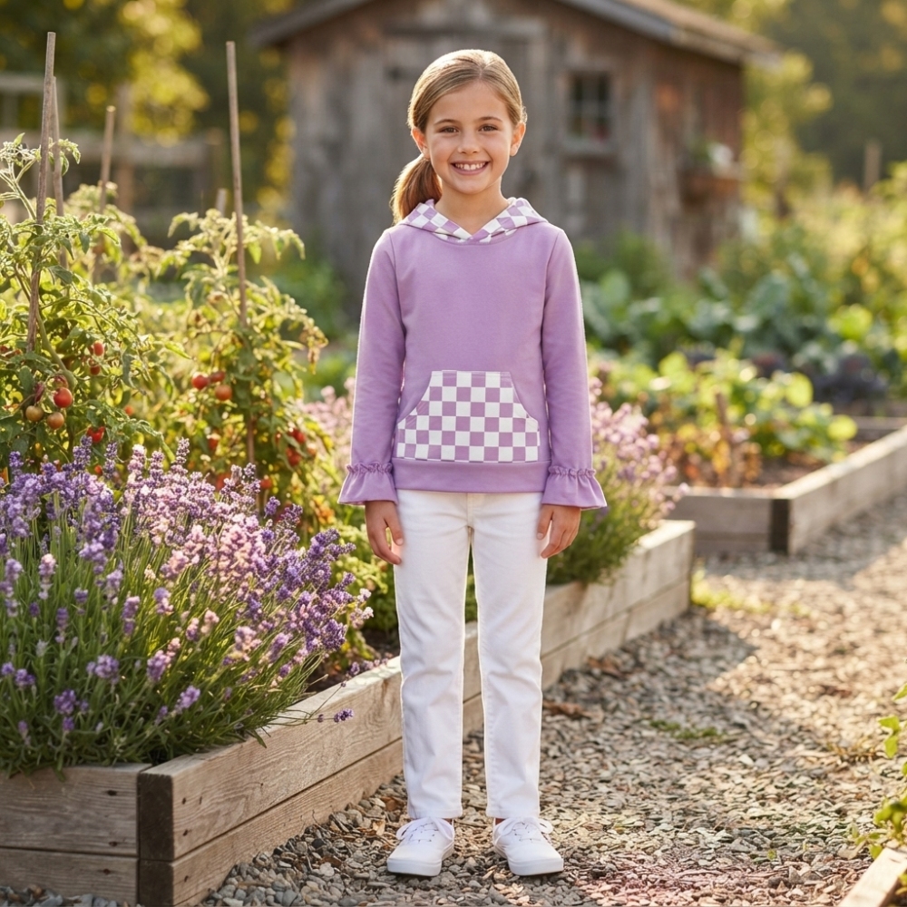 GT1852 Purple plaid print girl long sleeve hoodie pullover