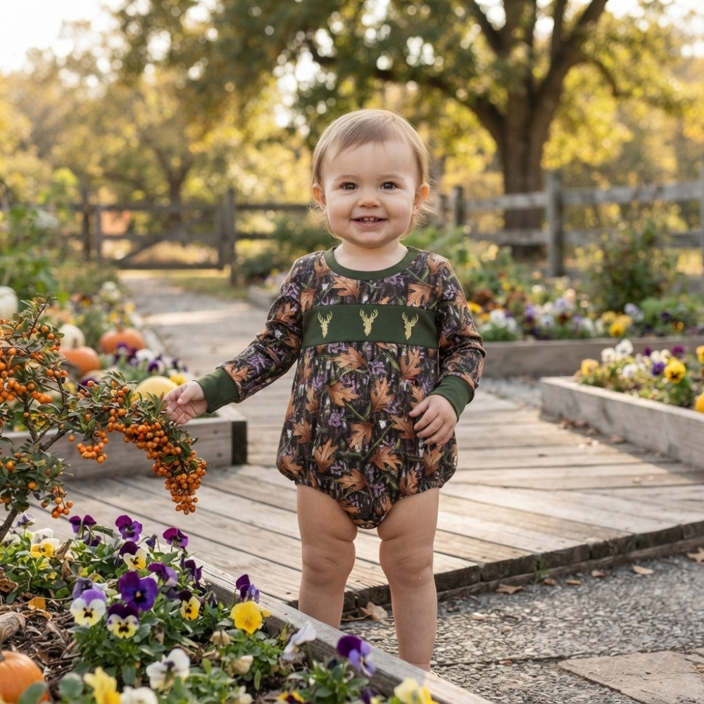 LR2729 fall leaves dwwe embroidery print Long-Sleeved romper