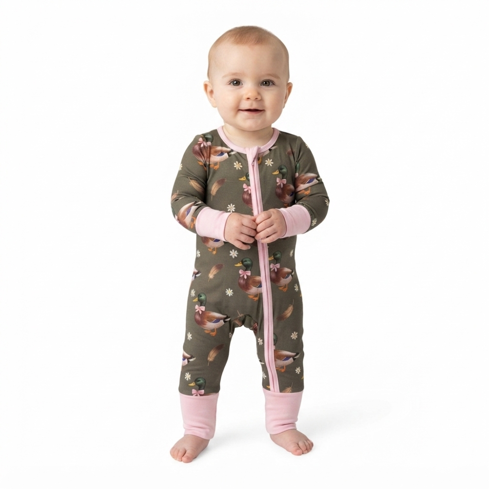 LR3225 Green duck print Long-Sleeved zipper romper