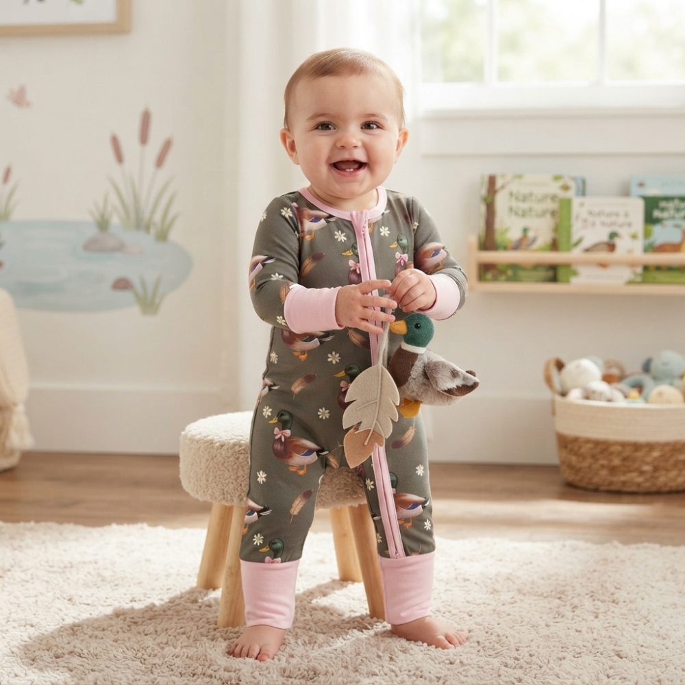 LR3225 Green duck print Long-Sleeved zipper romper