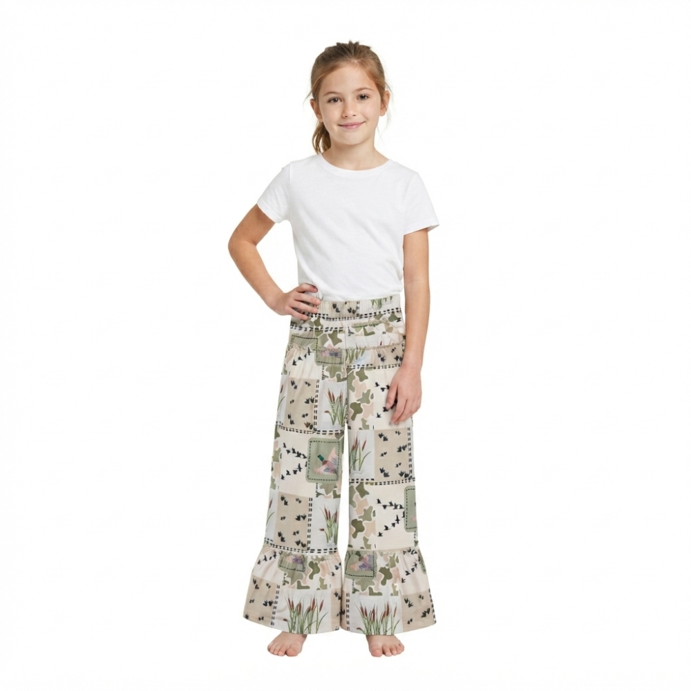 P1067 girl green duck camo long pants
