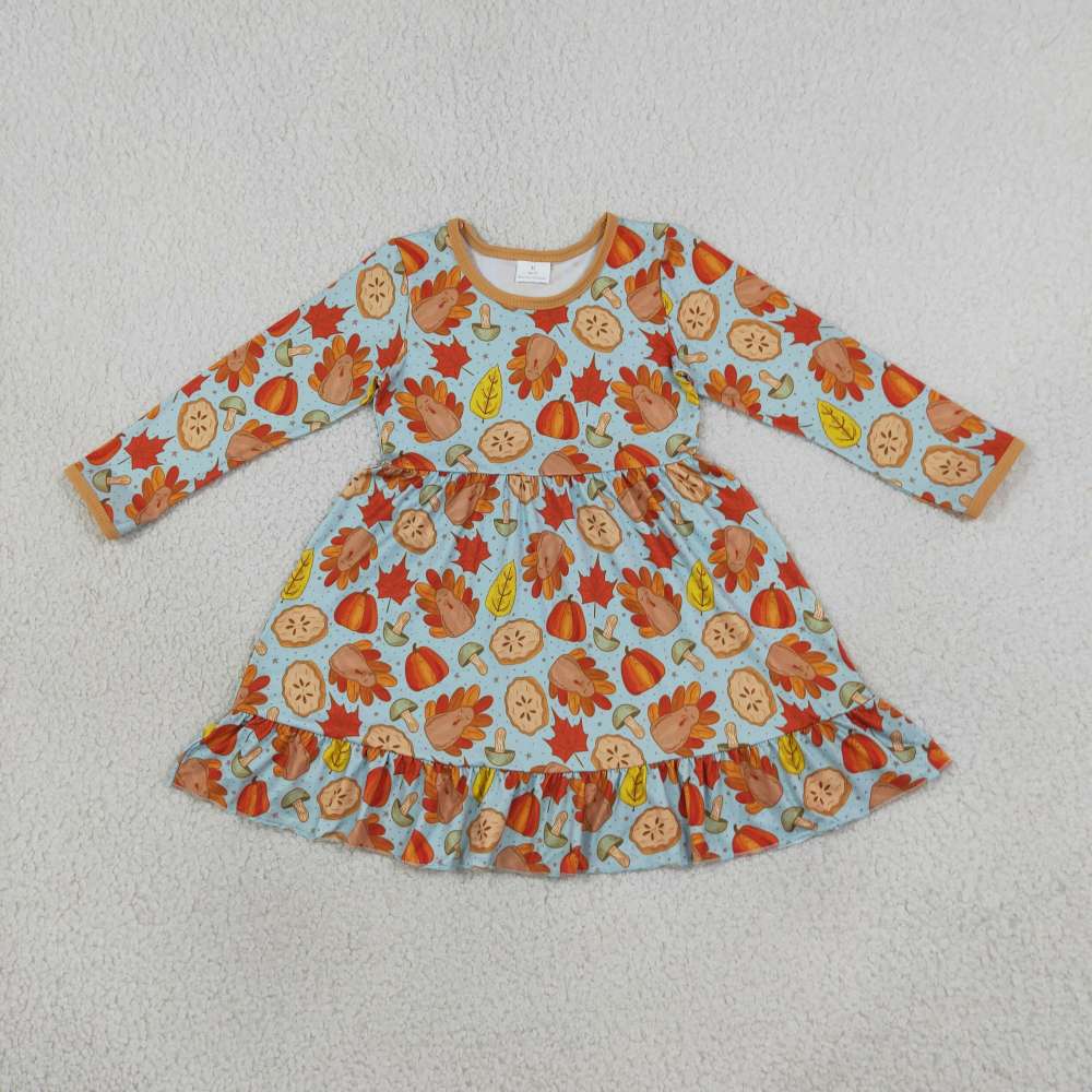 GLD1692 Thanksgiving turkey leaves print girl long sleeve dress