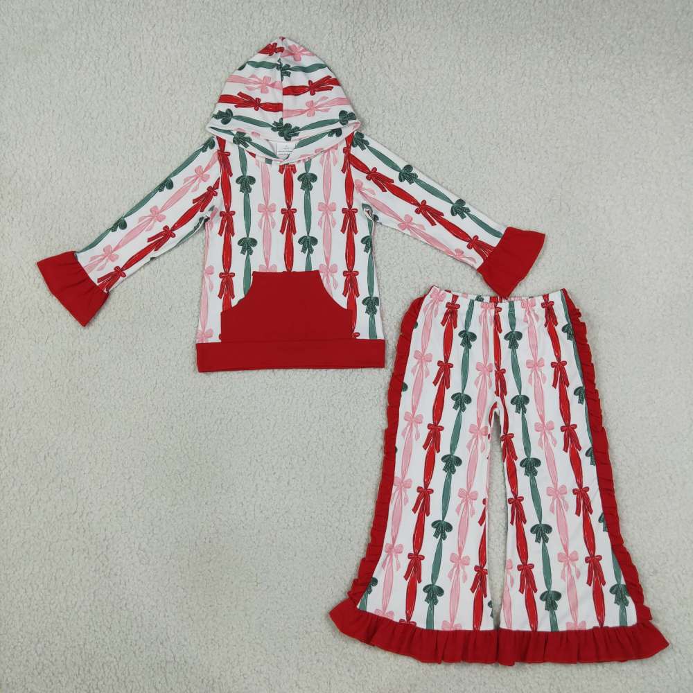 GLP3497  Red green bows Print long sleeve girl Christmas hoodie outfits
