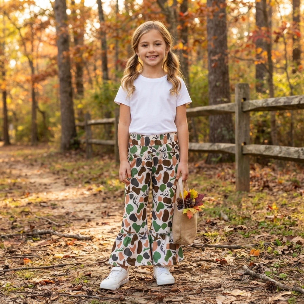 P1065 girl Deer camo print long pants
