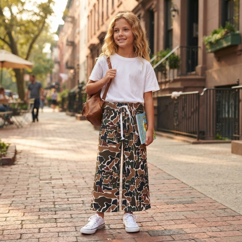P1104 girl Brown camo print long pants
